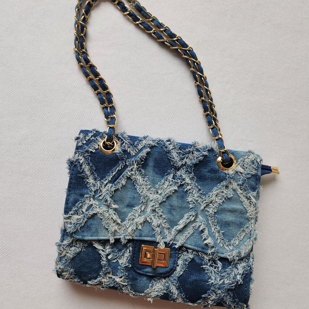 M. Marco MKP Quilted Distressed Denim Jean Handbag Crossbody Gold Chain Y2K 90s - Picture 10 of 12